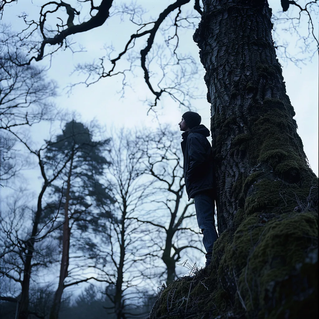 hiding from drone near a tree