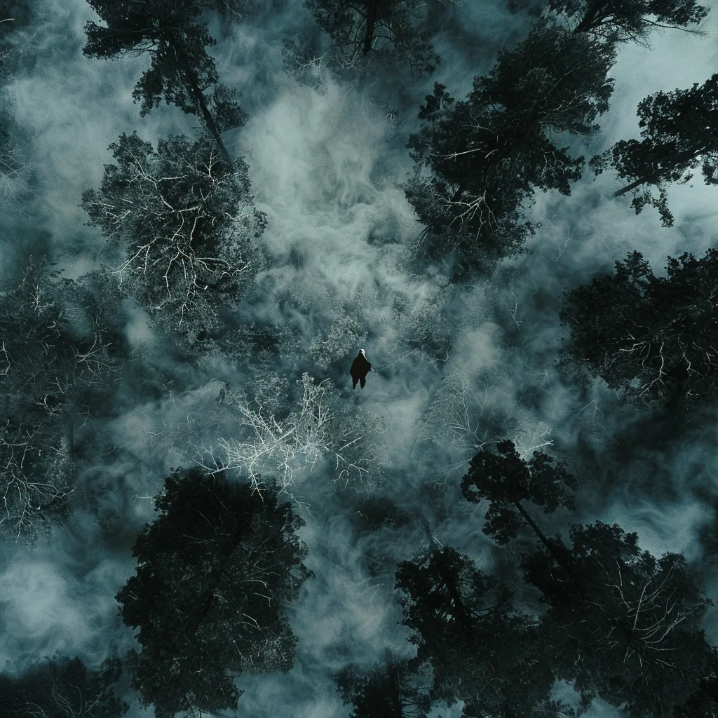 person hiding from drone in bad weather